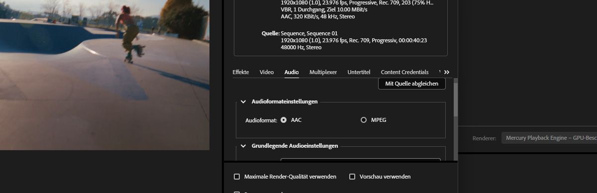 Der Abschnitt „Grundlegende Audioeinstellungen“ ist geöffnet und die Kontrollkästchen neben den Dropdown-Menüs „Abtastrate“ und „Kanäle“ sind ausgewählt.