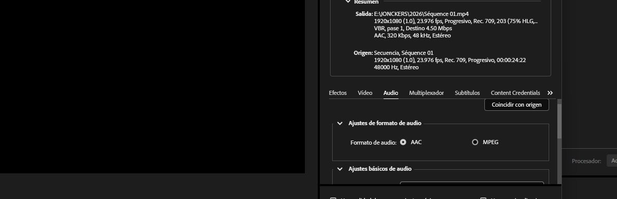 La sección Configuración básica de audio está abierta y las casillas de verificación junto a los menús desplegables Frecuencia de muestreo y Canales están seleccionadas.