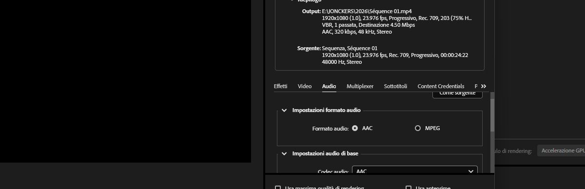 La sezione Impostazioni audio di base è aperta e le caselle di controllo accanto ai menu a discesa Frequenza di campionamento e Canali sono selezionate.