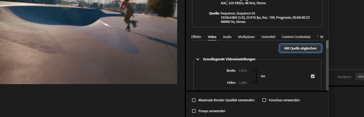Der Abschnitt „Grundlegende Audioeinstellungen“ ist geöffnet und die Schaltfläche „Mit Quelle abgleichen“ ist ausgewählt.