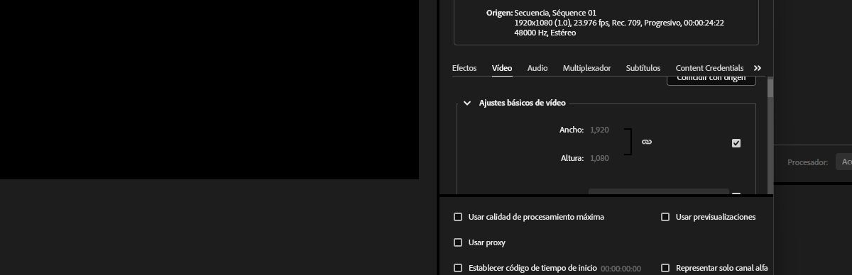 La sección Ajustes básicos de audio está abierta y el botón Coincidir con origen está seleccionado.