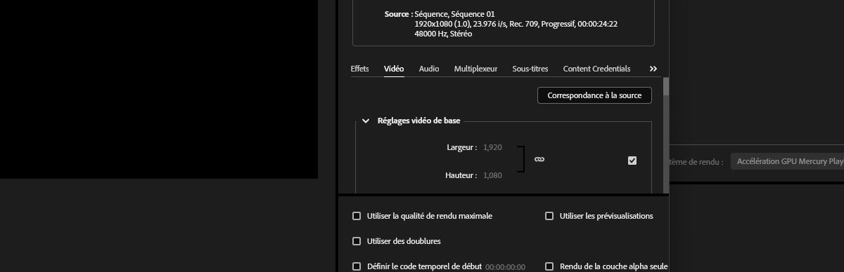 La section Réglages audio de base s’ouvre et le bouton Correspondance à la source est sélectionné.