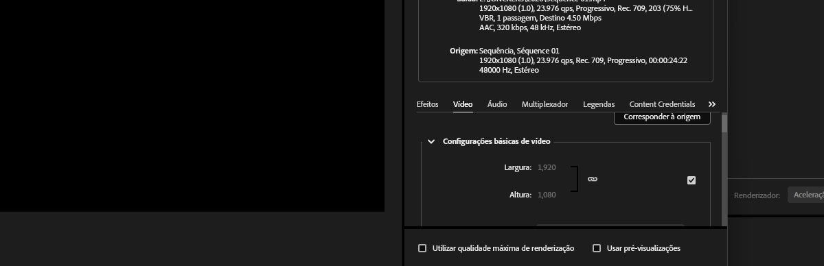 A seção “Configurações básicas de áudio” está aberta, com o botão “Corresponder à origem” selecionado.