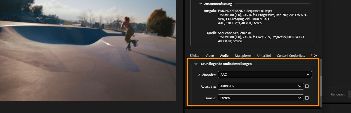 Der Abschnitt „Grundlegende Audioeinstellungen“ ist geöffnet und die Kontrollkästchen neben den Dropdown-Menüs „Abtastrate“ und „Kanäle“ sind ausgewählt.