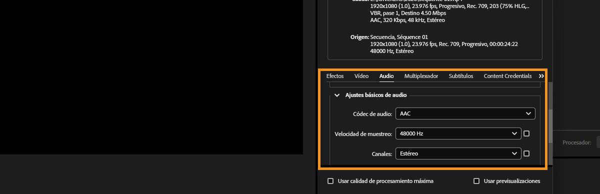 La sección Configuración básica de audio está abierta y las casillas de verificación junto a los menús desplegables Frecuencia de muestreo y Canales están seleccionadas.