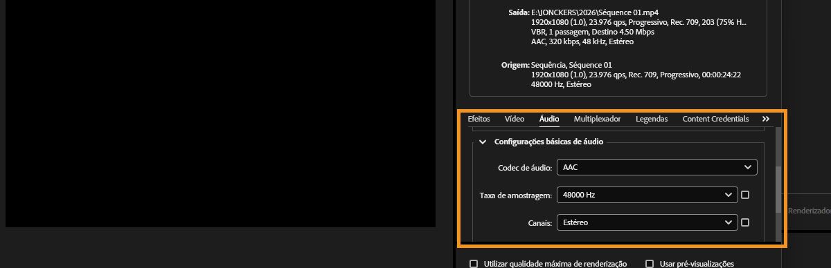 A seção Configurações básicas de áudio está aberta e as caixas de seleção ao lado dos menus suspensos Taxa de amostragem e Canais estão selecionadas.