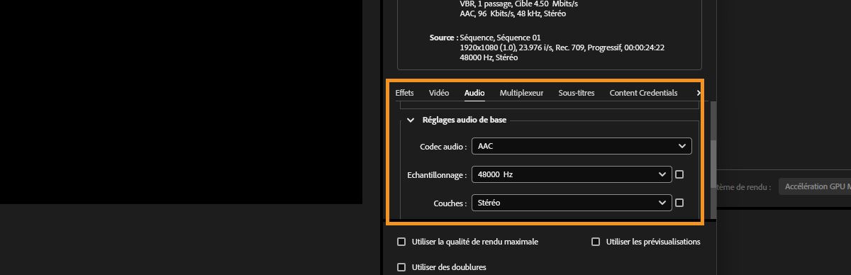 La section Réglages audio de base s’ouvre et les cases à cocher en regard des menu déroulants Échantillonnage et Canaux sont sélectionnées.