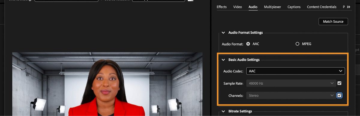 The Basic Audio Settings section is open and the checkbox next to the Sample Rate and Channels dropdown menus are selected.