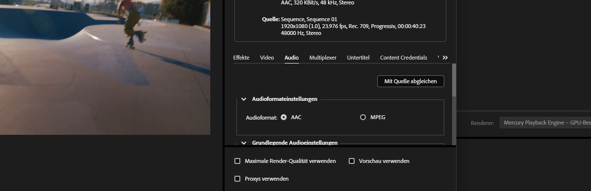 Der Abschnitt „Exporteinstellungen“ ist geöffnet und die Schaltfläche „Mit Quelle abgleichen“ ist ausgewählt.