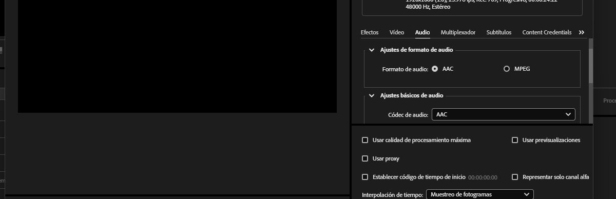 La sección Ajustes de exportación está abierta y el botón Coincidir con origen está seleccionada.