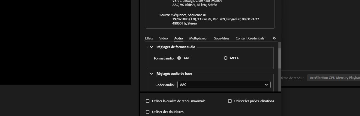 La section Paramètres d’export s’ouvre et le bouton Correspondance à la source est sélectionné.