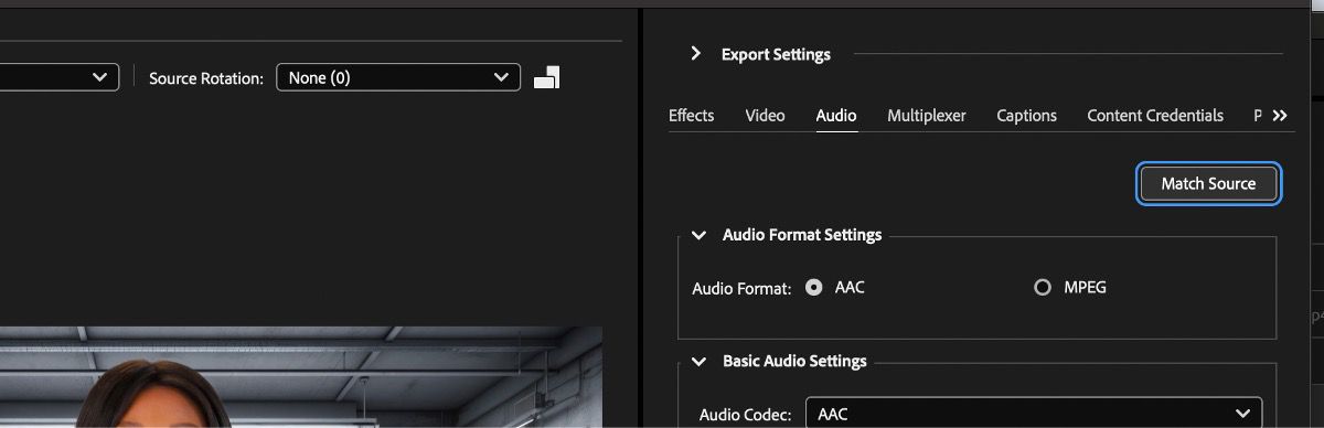 The Export Settings section is open and the Match Source button is selected.