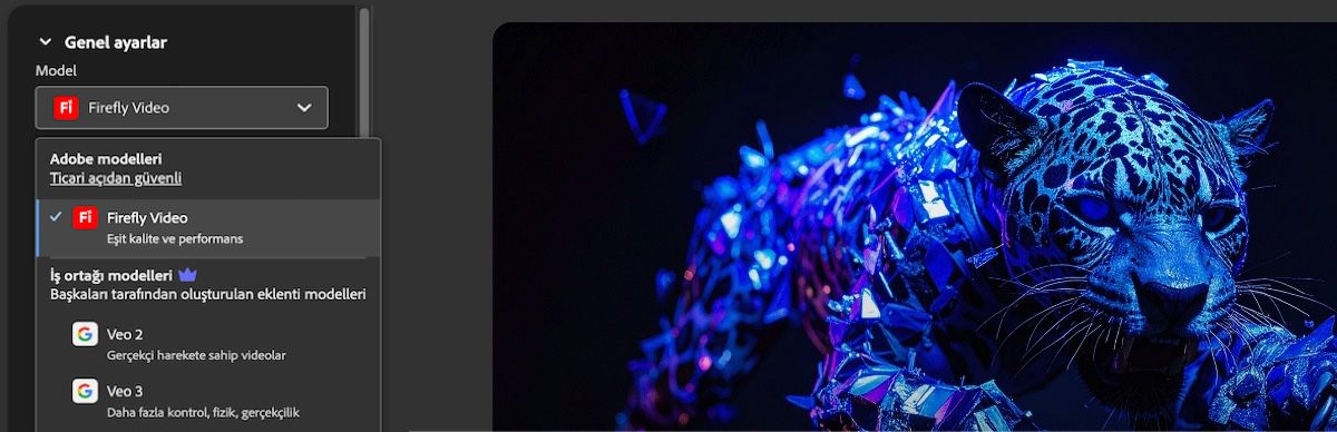 Genel ayarlar bölümünde Model açılır menüsü açılır ve iş ortağı video modelleri altında Firefly Video seçilir.