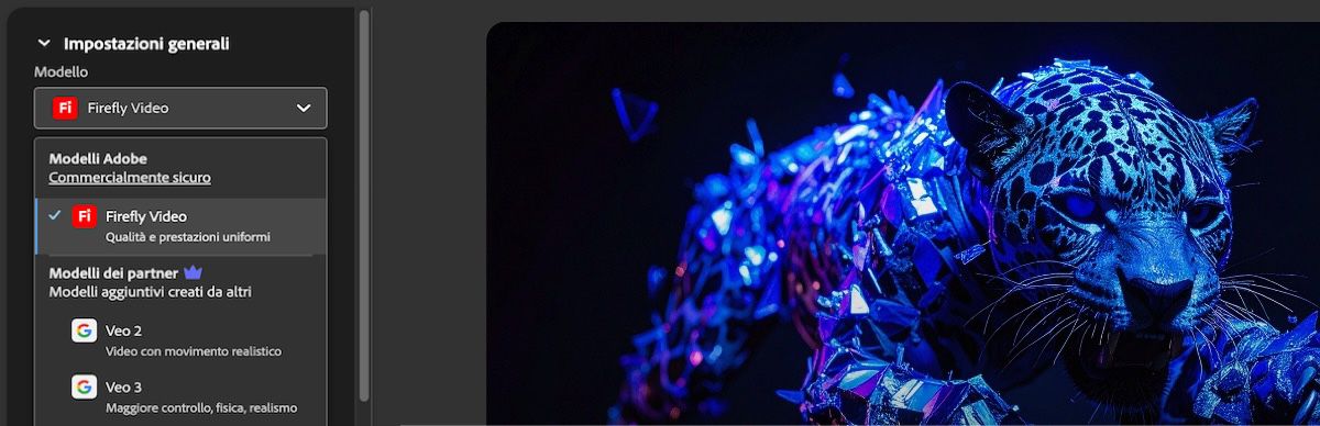 Nella sezione Impostazioni generali, il menu a discesa Modello è aperto e in Modelli video partner è selezionato Firefly Video.