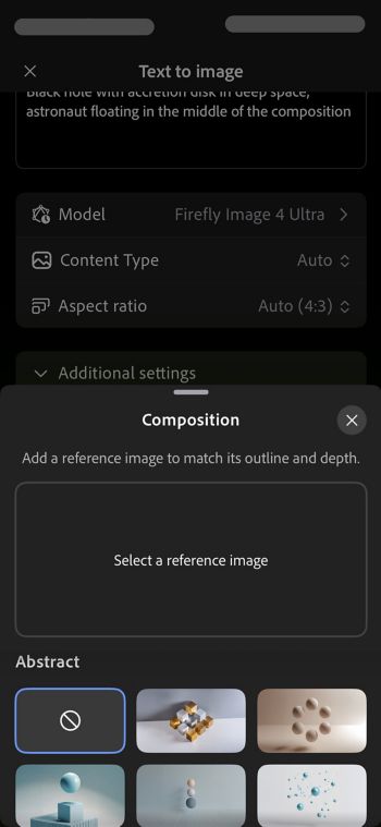 La opción Composición se selecciona para generar un nuevo conjunto de variaciones de imagen con adherencia a la referencia.