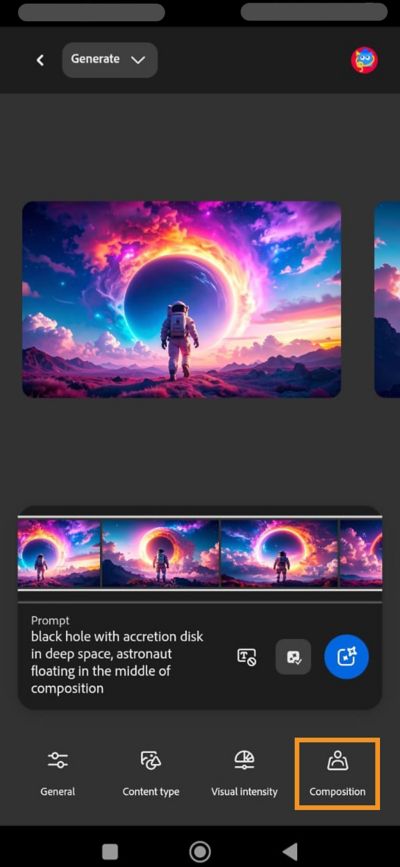 La opción Composición se selecciona para generar un nuevo conjunto de variaciones de imagen con adherencia a la referencia.