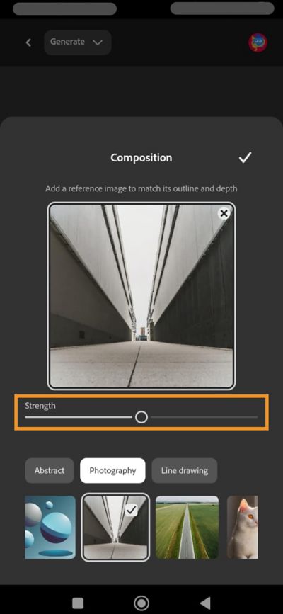 The Composition tab is open, and the Strength slider is adjusted to specify the outline intensity and depth adherence in the generated variations.