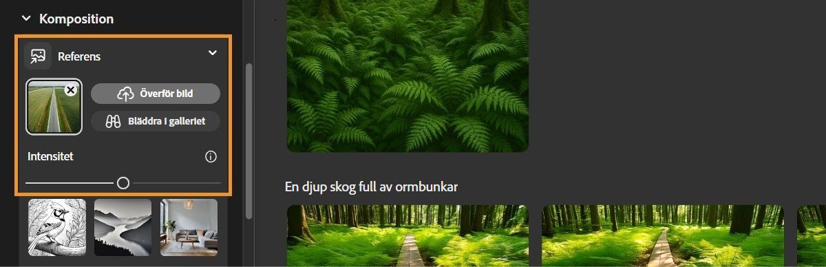 Avsnittet Sammansättning är öppet på kontrollpanelen Text till bild. Det finns alternativ för att antingen överföra en referensbild för sammansättning eller bläddra i galleriet för att välja en. Den överförda referensbilden används för att generera bildvariationer som matchar sammansättningen.