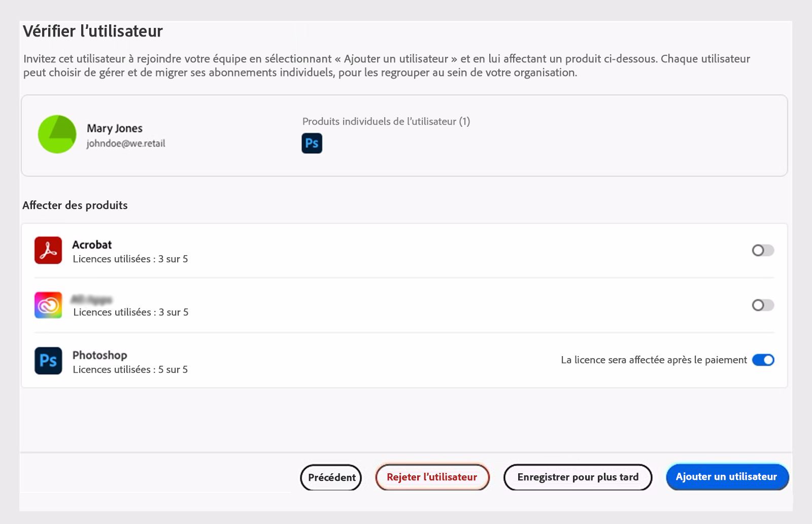 Examiner un utilisateur avec les licences de produits correspondantes