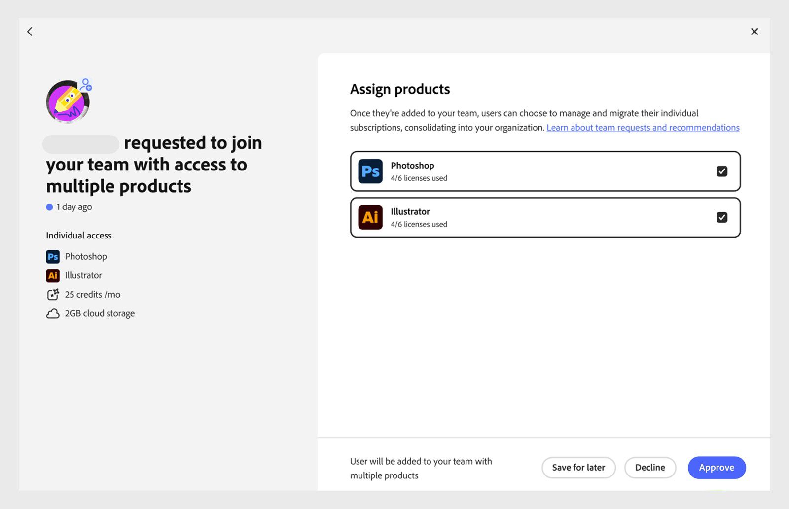 Review user with corresponding product licenses