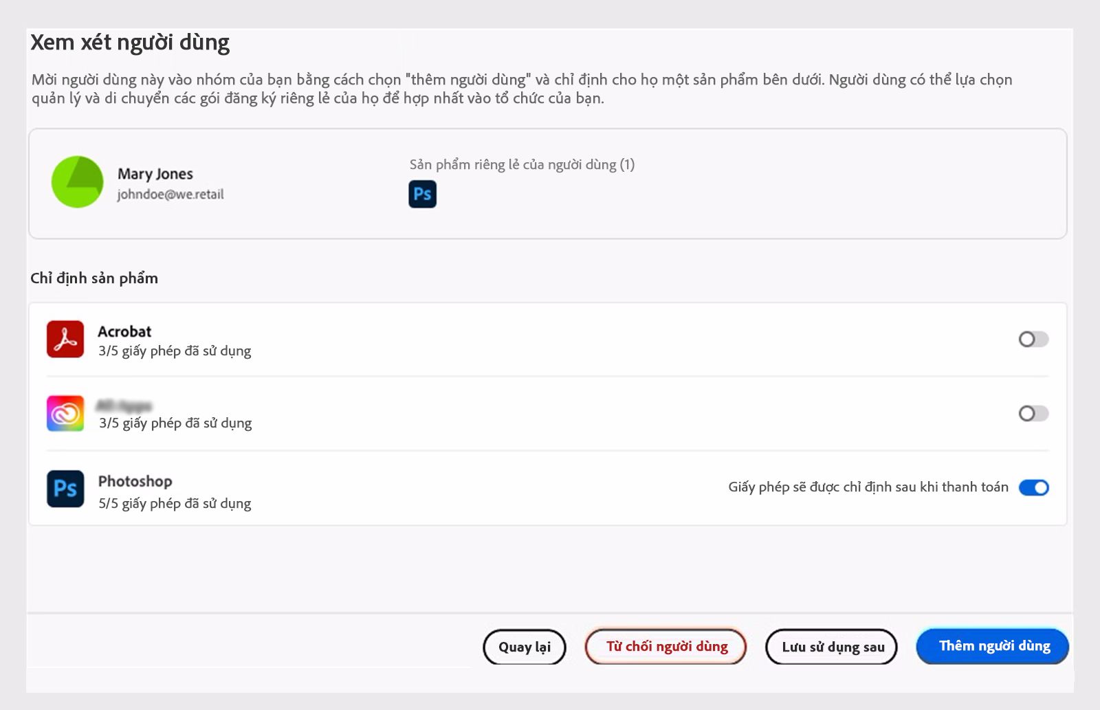 Xem xét người dùng với giấy phép sản phẩm tương ứng