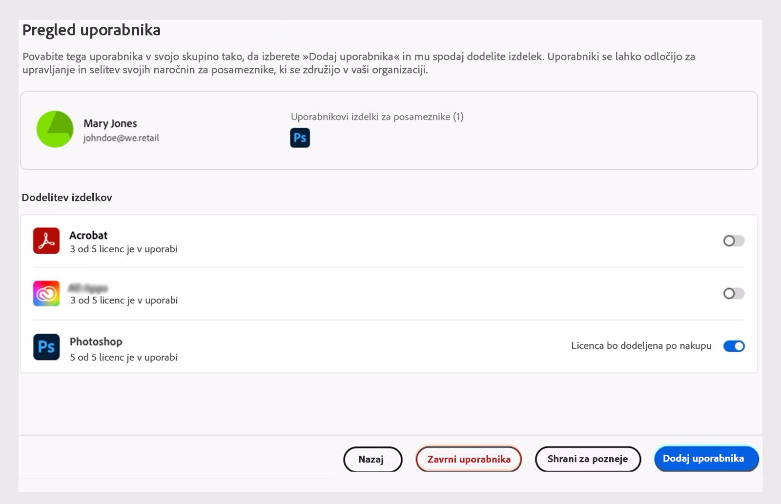 Pregled uporabnika z ustreznimi licencami za izdelek