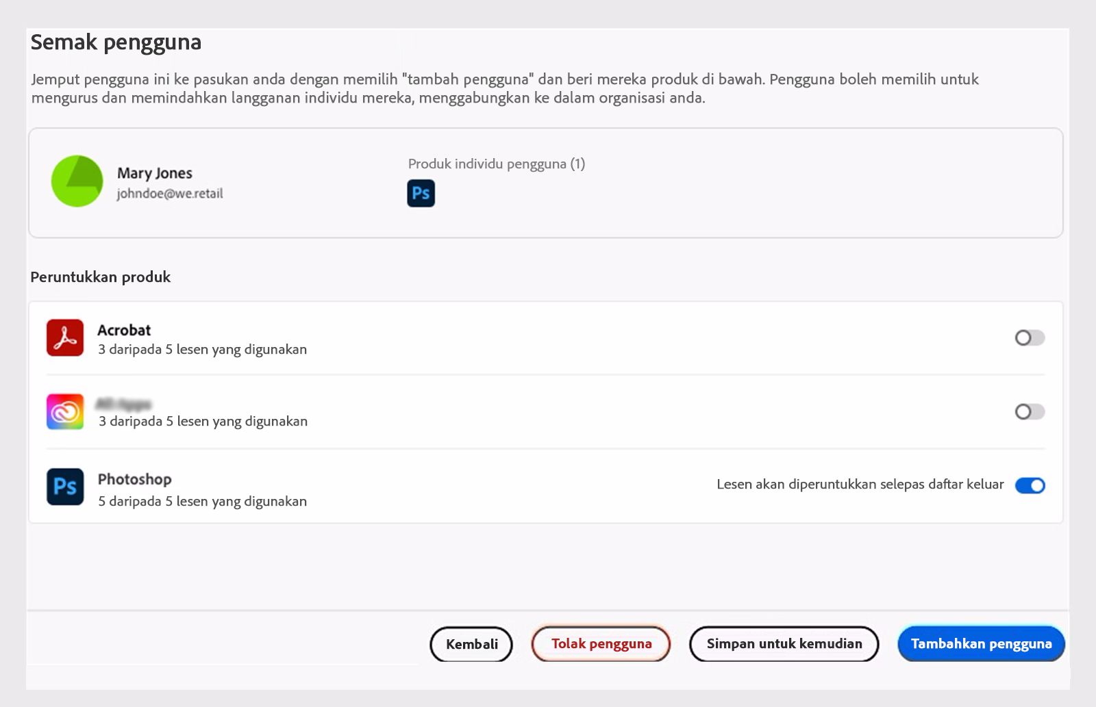 Semak pengguna dengan lesen produk yang sepadan