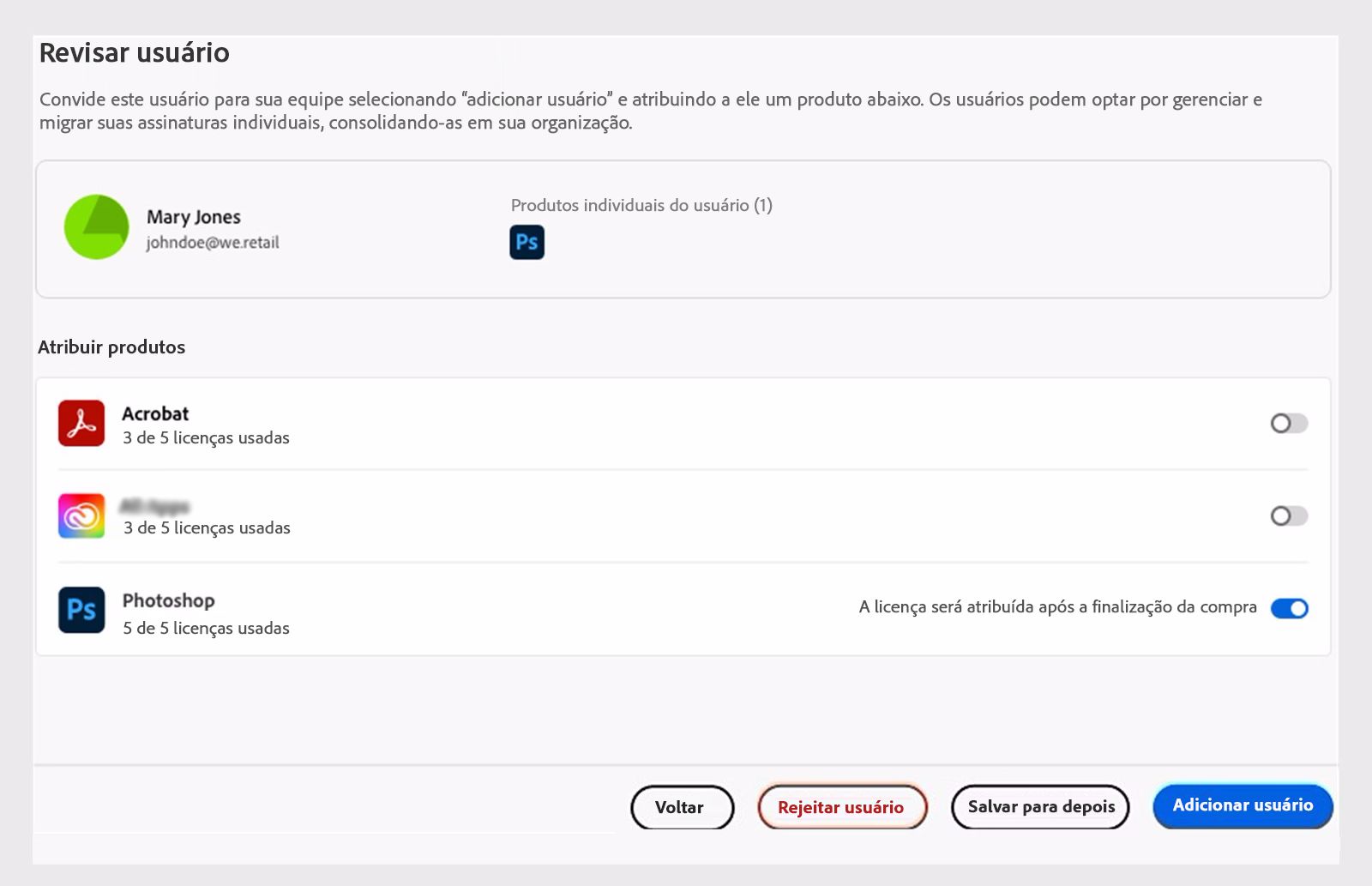 Revisar alguém que tenha licenças de produto correspondentes