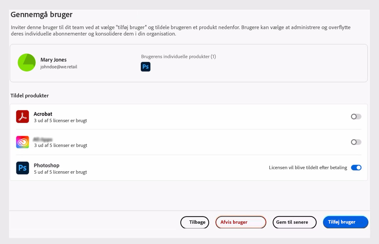 Gennemgå bruger med tilsvarende produktlicenser