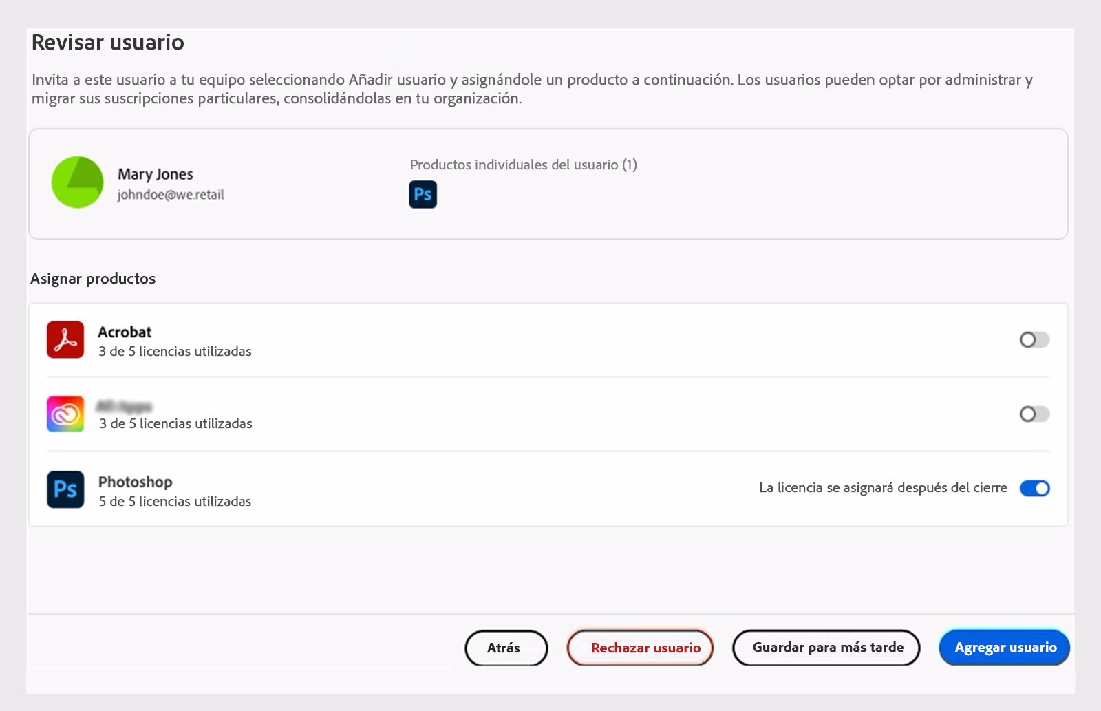 Revisar usuario con las licencias de producto correspondientes