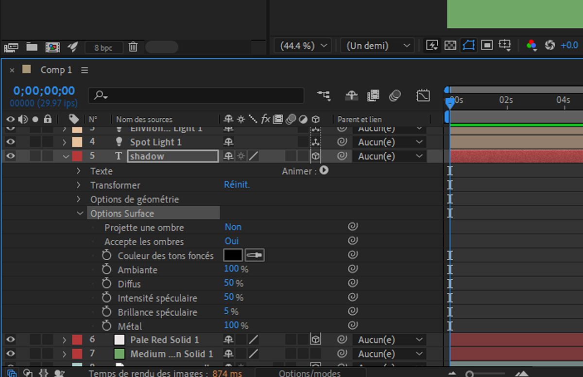 Les options Surface sont activées pour un calque de texte et développées pour fonctionner avec les commandes Tons foncés, Ambiant, Diffuse, Intensité spéculaire, Brillance spéculaire et Métal.