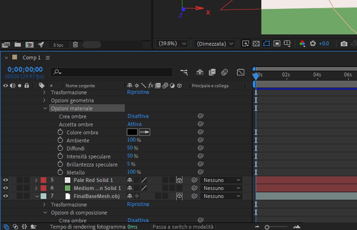 Opzioni materiale abilitate per un livello di testo e opzioni espanse per funzionare con Ombre, Ambiente, Diffusione, Intensità speculare, Brillantezza speculare e Metallo.