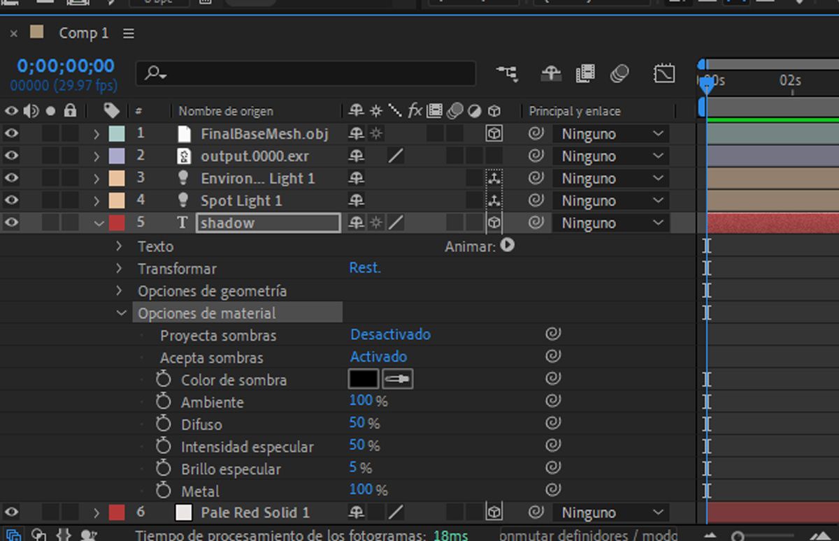 Opciones de material activadas para una capa de texto y opciones ampliadas para trabajar con Sombras, Ambiente, Difusión, Intensidad especular, Brillo especular y Metal.