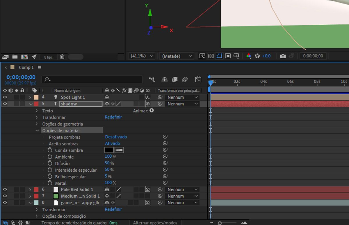 Opções de material habilitadas para uma camada de texto e opções expandidas para funcionar com Sombras, Ambiente, Difusão, Intensidade especular, Brilho especular e Metal.