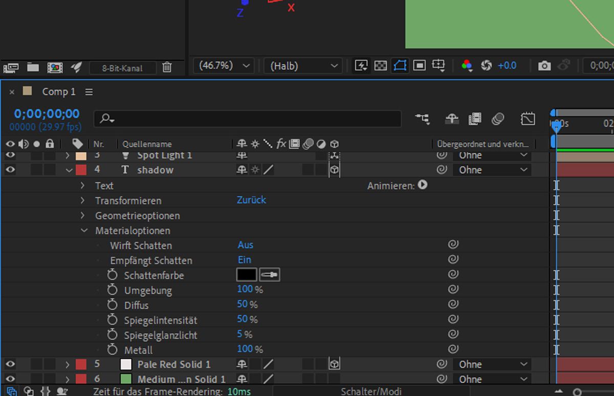Materialoptionen für eine Textebene aktiviert und Optionen erweitert, um mit Schatten, Umgebungslicht, Diffus, Spiegelintensität, Glanzlicht und Metall zu arbeiten.