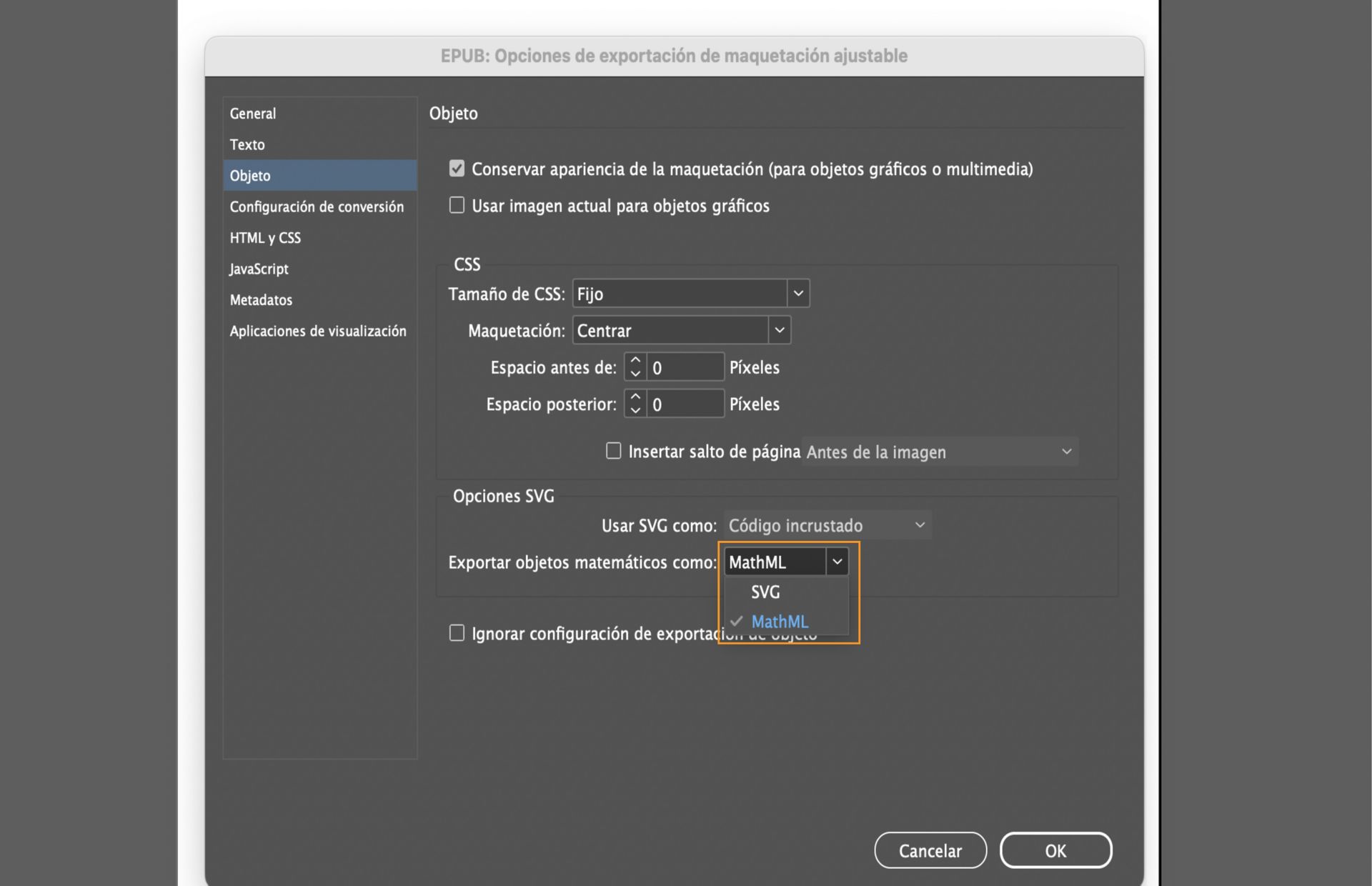 Captura de pantalla que muestra las opciones de exportación de EPUB con la opción de Exportar objetos matemáticos como SVG o MathML resaltada