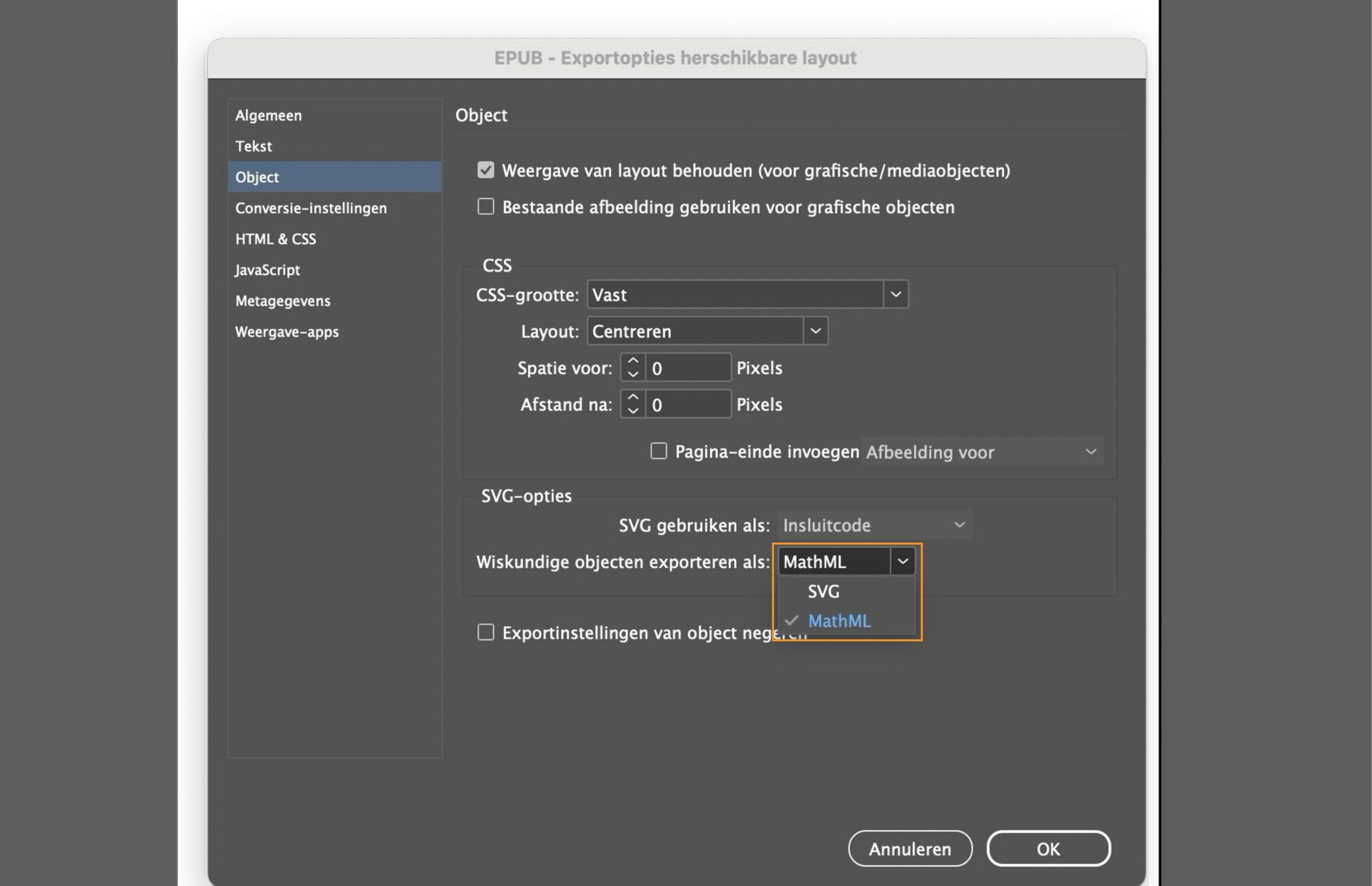 Een screenshot met EPUB-exportopties die Wiskundige objecten exporteren als SVG of MathML markeert