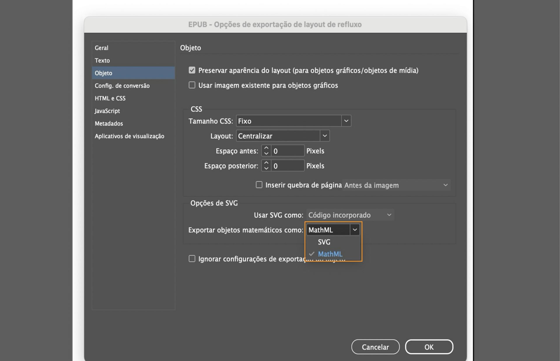 Uma captura de tela mostrando as opções de exportação para EPUB, destacando a configuração Exportar objetos matemáticos como SVG ou MathML