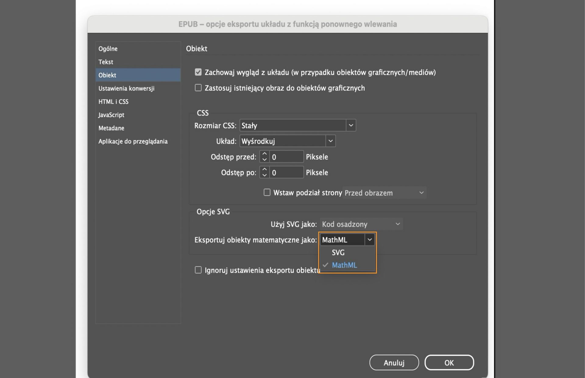 Zrzut ekranu pokazujący opcje eksportu EPUB z wyróżnionymi opcjami Eksportuj obiekty matematyczne jako SVG lub MathML