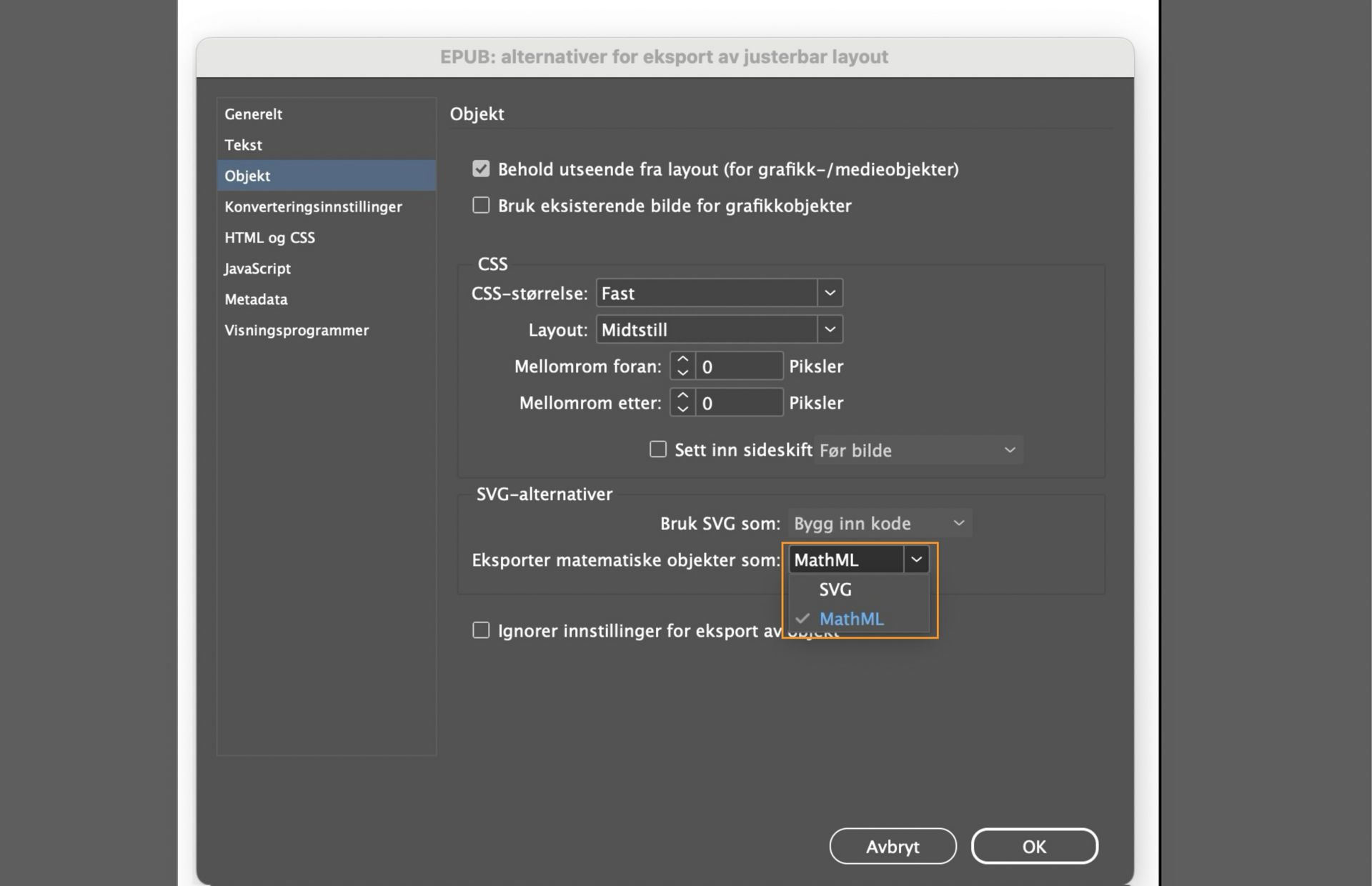 Et skjermbilde som viser alternativer for EPUB-eksport med Eksporter matematiske objekter som SVG eller MathML uthevet.