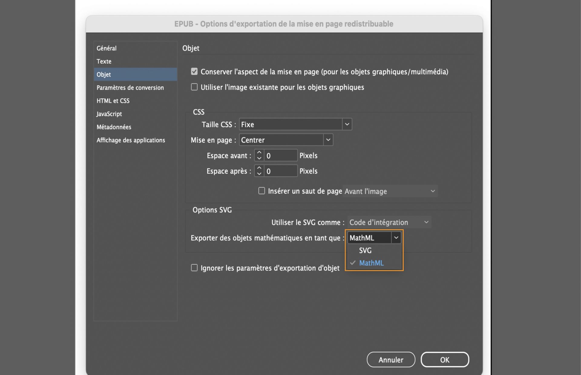 Capture d’écran illustrant les options d’exportation EPUB mettant en évidence l’option Exporter des objets mathématiques en tant que SVG ou MathML