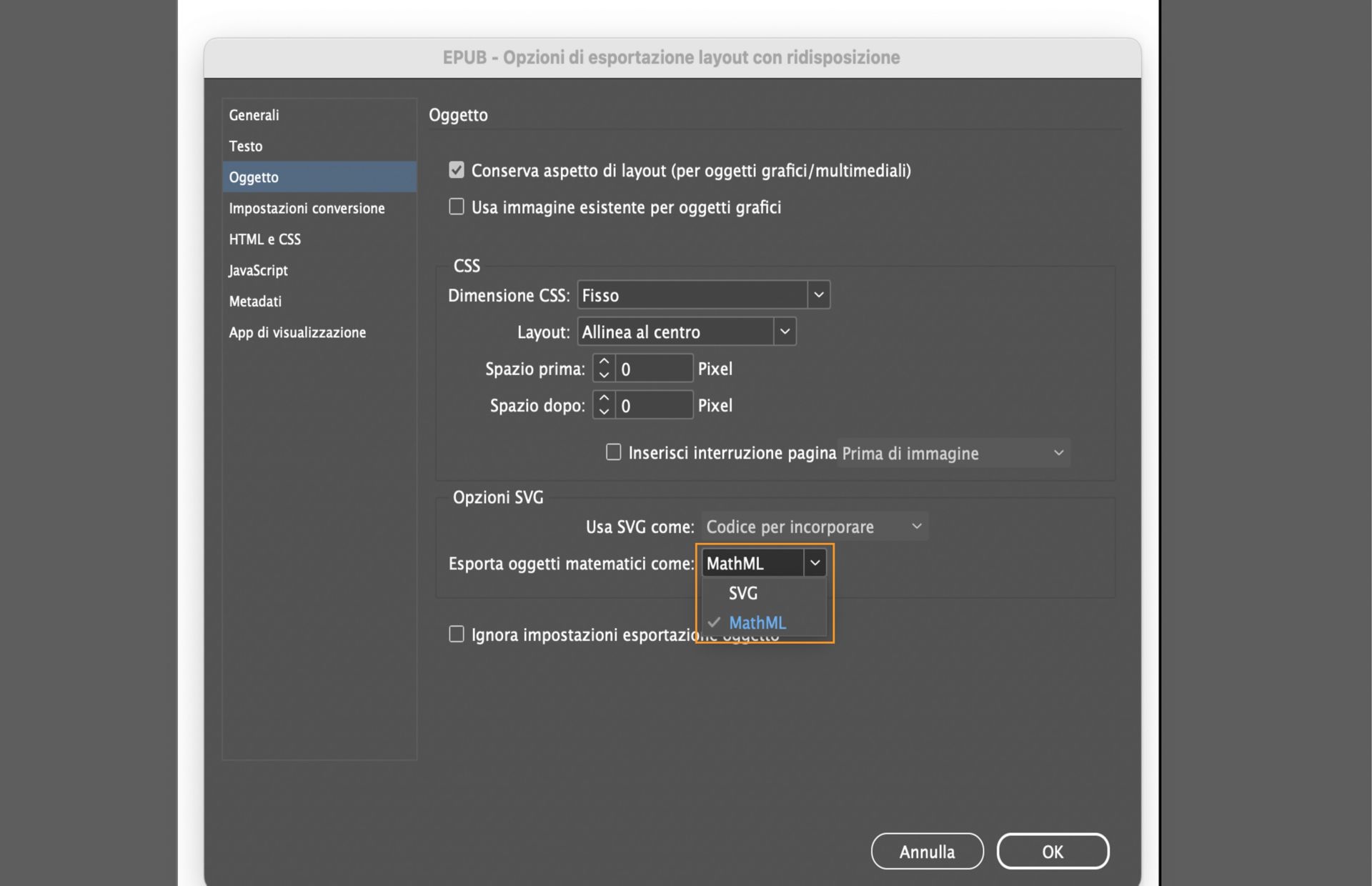 Una schermata che mostra le opzioni di esportazione EPUB e in cui è evidenziata l’opzione Esporta oggetti matematici come SVG o MathML