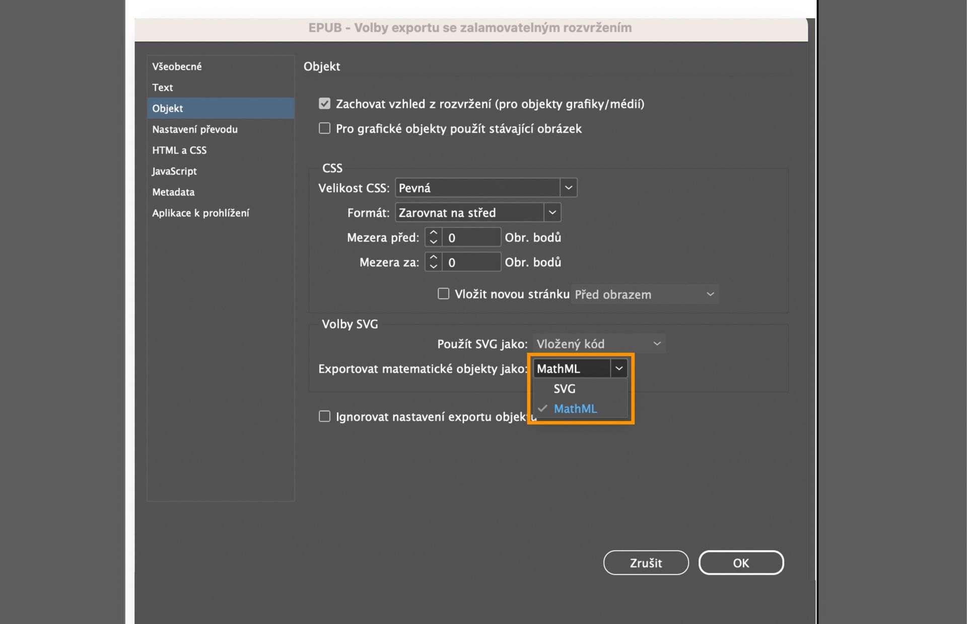 Obrázek znázorňující možnosti exportu do formátu EPUB a zvýrazňující možnost Exportovat matematické objekty jako SVG nebo MathML