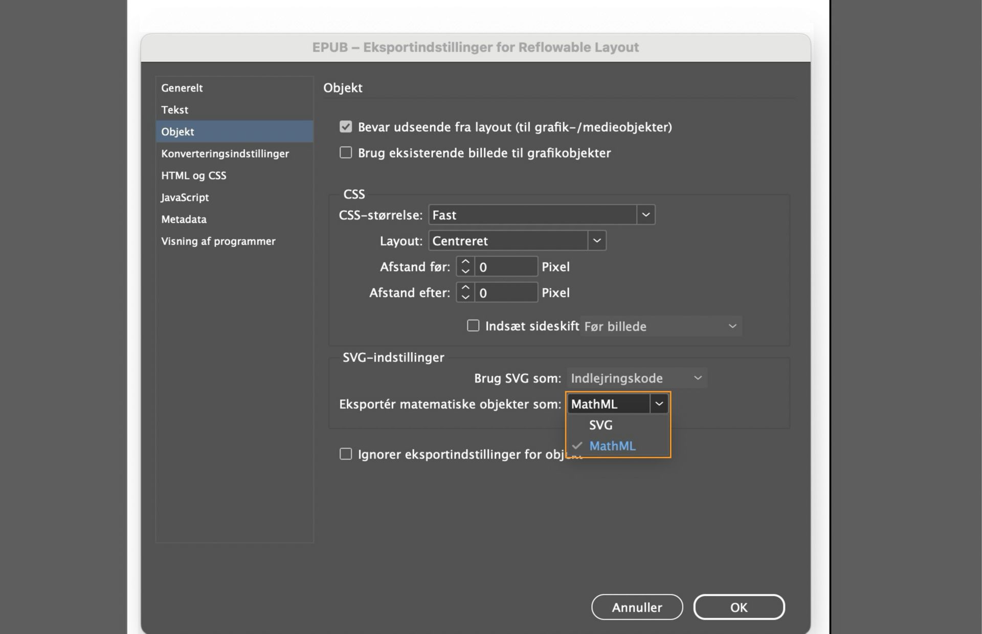 Et skærmbillede, der viser EPUB-eksportindstillinger, som fremhæver Eksportér matematiske kobjekter som SVG eller MathML