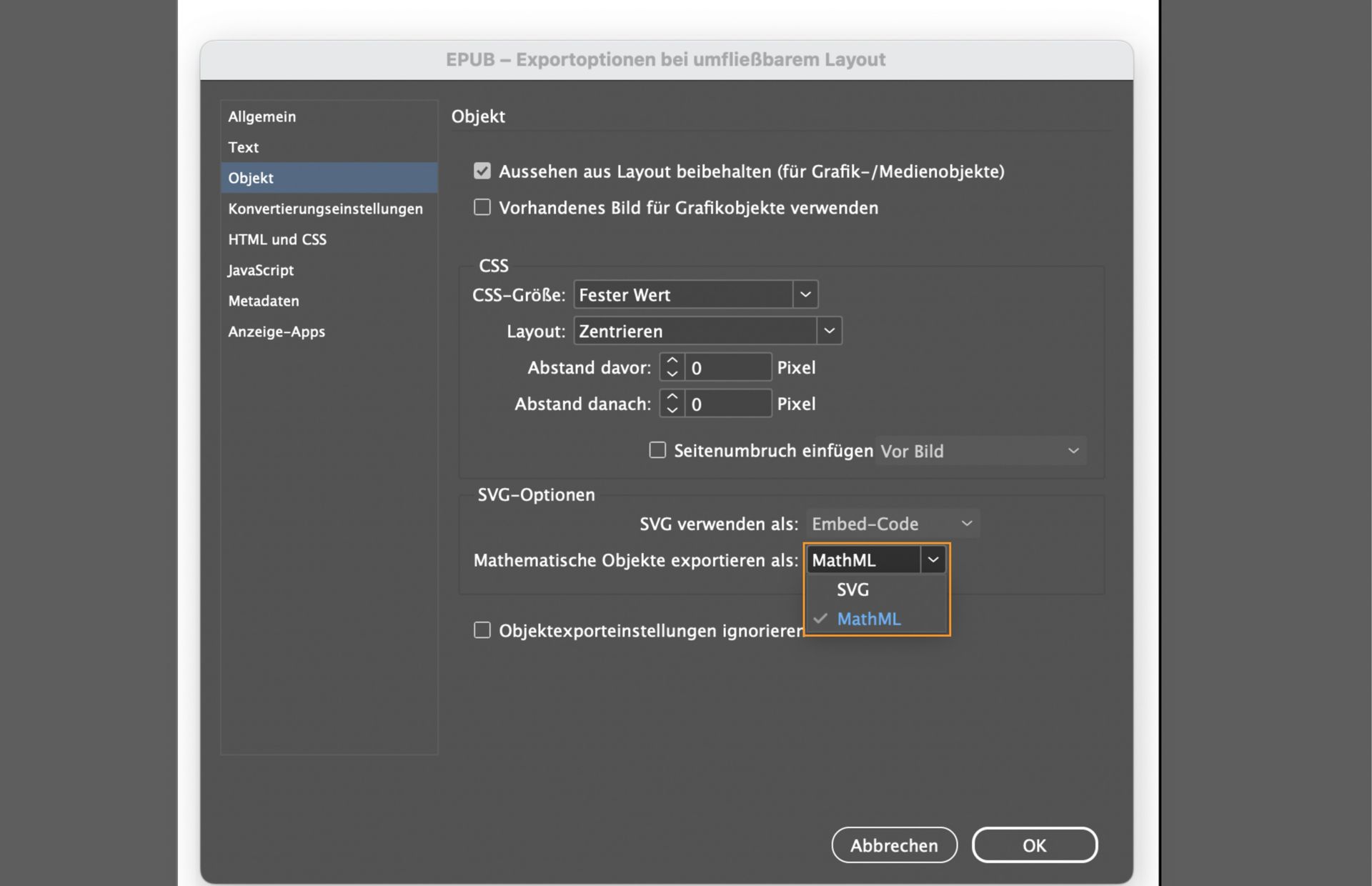 Einen Screenshot mit den EPUB-Exportoptionen für Math-Objekte als SVG oder MathML exportieren