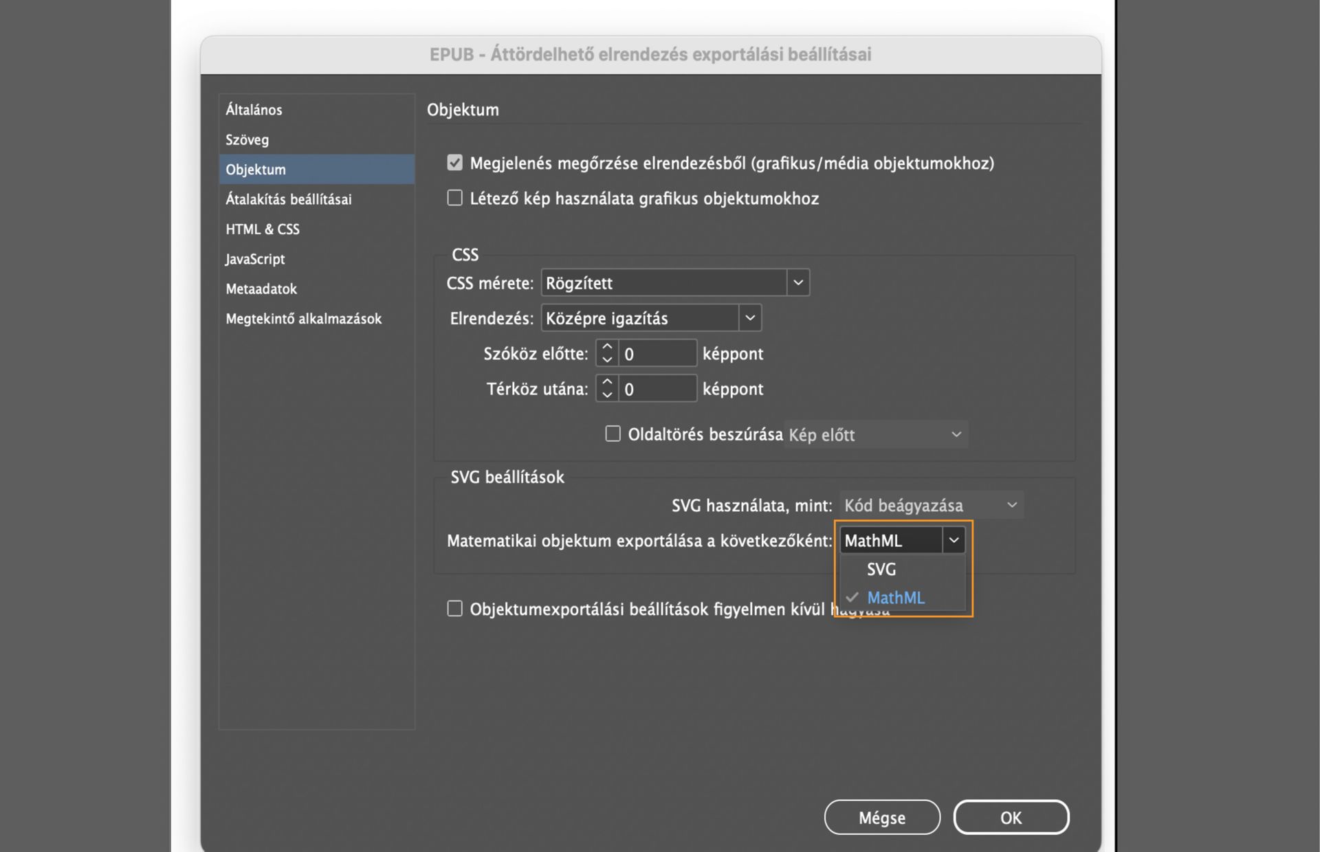 Képernyőkép, amely az EPUB exportálási beállításait mutatja, kiemelve a Matematikai objektumok exportálása másként SVG vagy MathML lehetőségeit