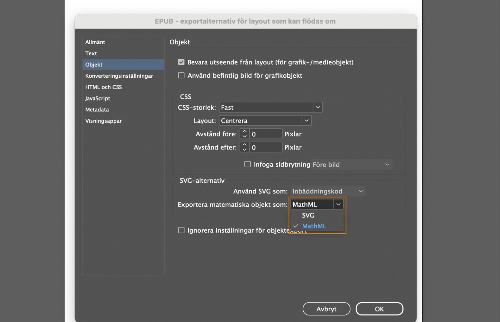En skärmbild med EPUB-exportalternativ där Exportera matematiska objekt som SVG eller MathML visas