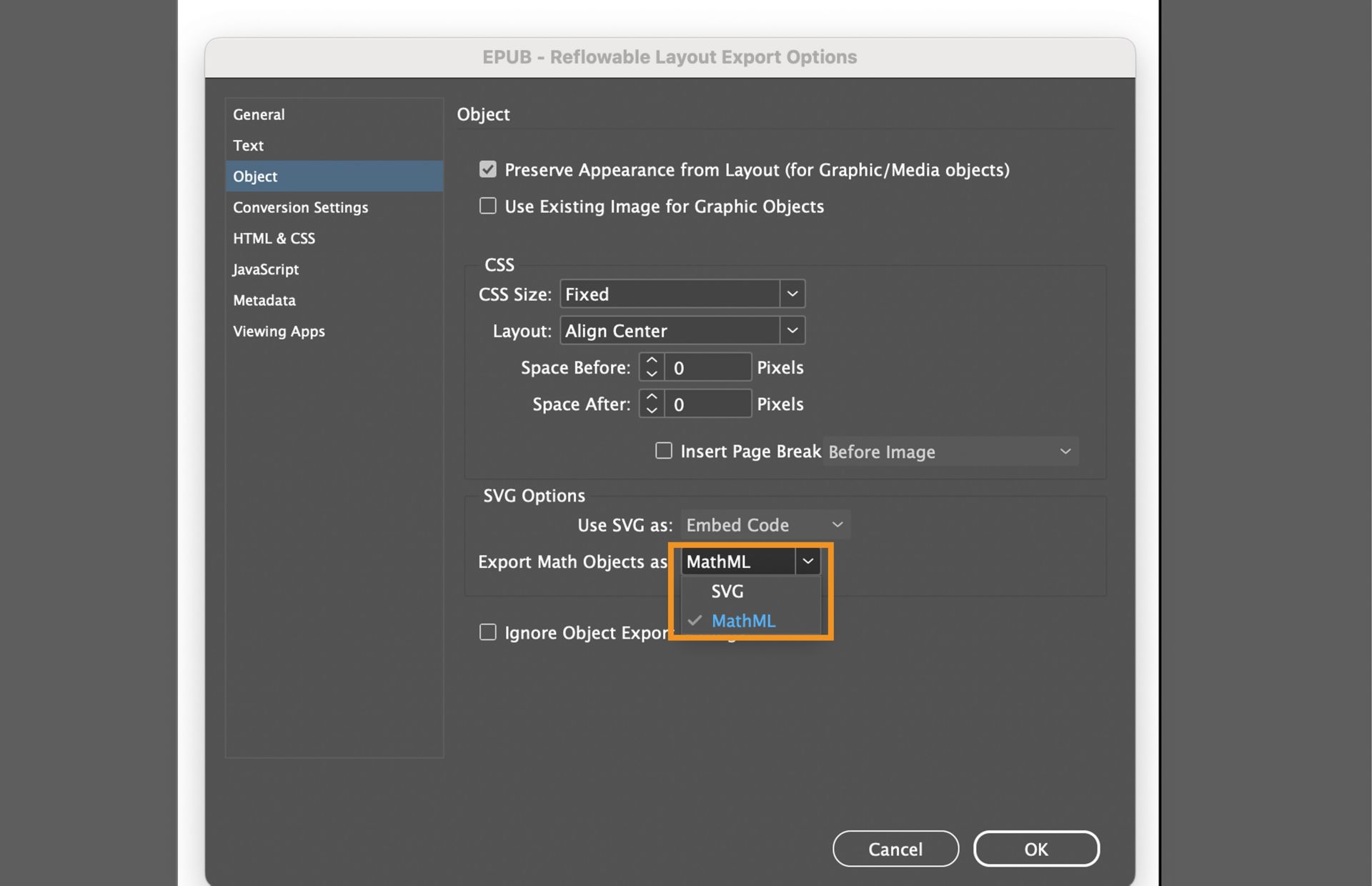A screenshot showing EPUB export options highlighting the Export Math Objects as SVG or MathML