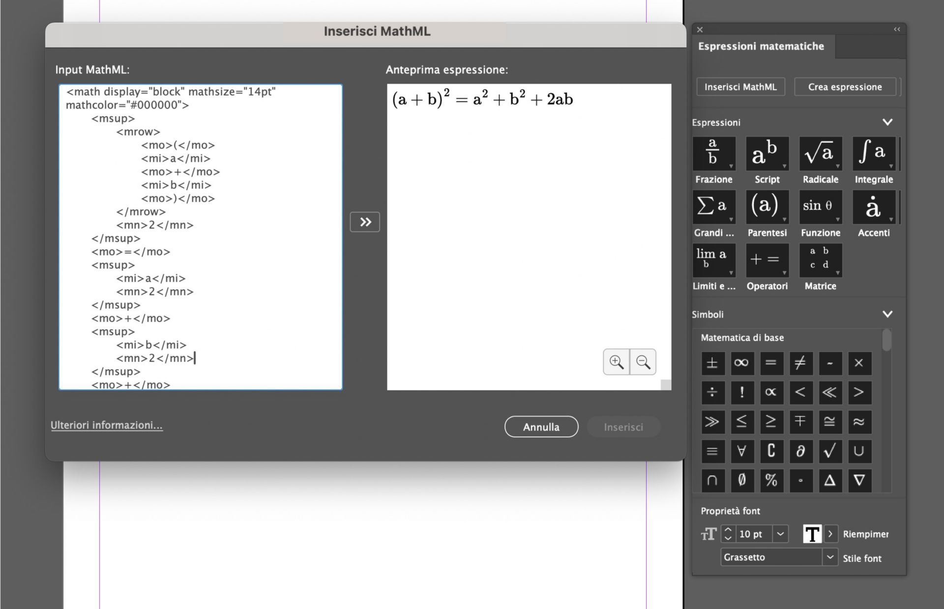 Una schermata dei pannelli Espressioni matematiche e Inserisci MathML con un'espressione di esempio e la relativa anteprima.