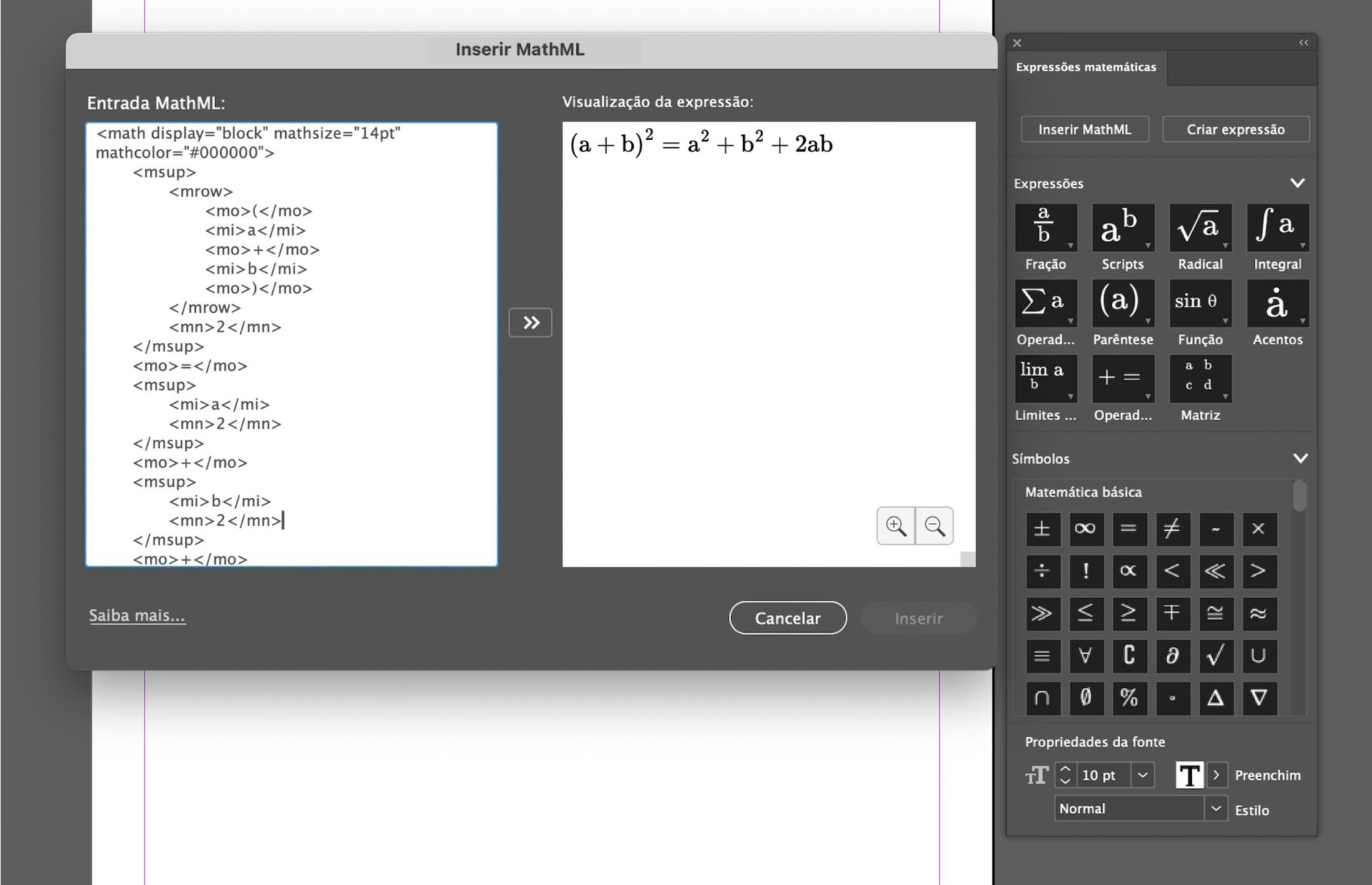 Uma captura de tela dos painéis Expressões matemáticas e Inserir MathML com uma expressão de exemplo e sua visualização.